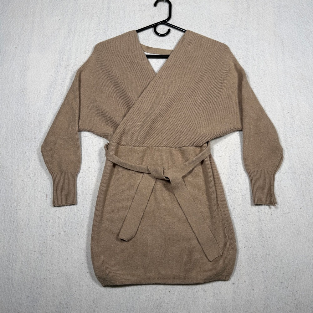 Mi Ami for Francescas Tan Brown Ribbed Wrap Knit Sweater Dress XS Belted Mini